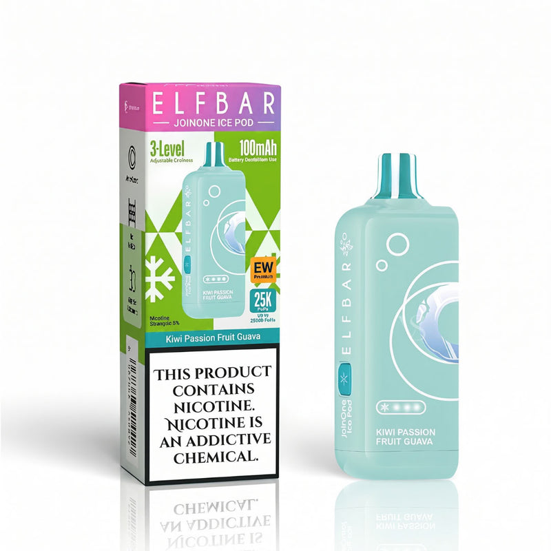 ELFBAR Joynone Ice Pod disposable vape device in Kiwi Passion Fruit Guava flavor next to its retail packaging box, displayed on a clean white background with a subtle reflection.