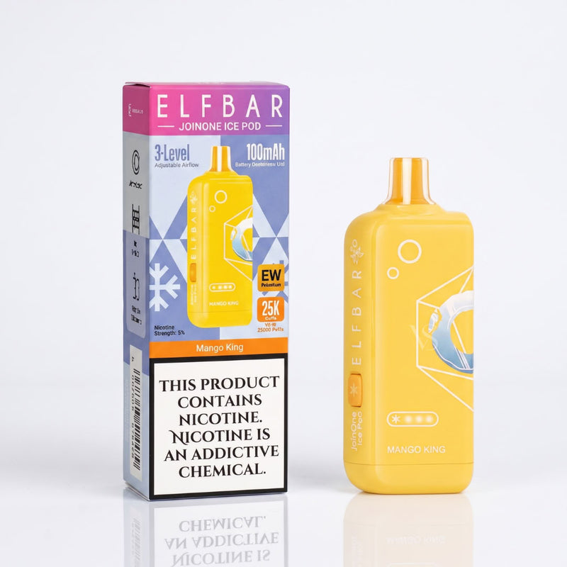 ELFBAR Joynone Ice Pod disposable vape in Mango King flavor, shown next to its retail packaging box on a clean white background with a subtle reflection.