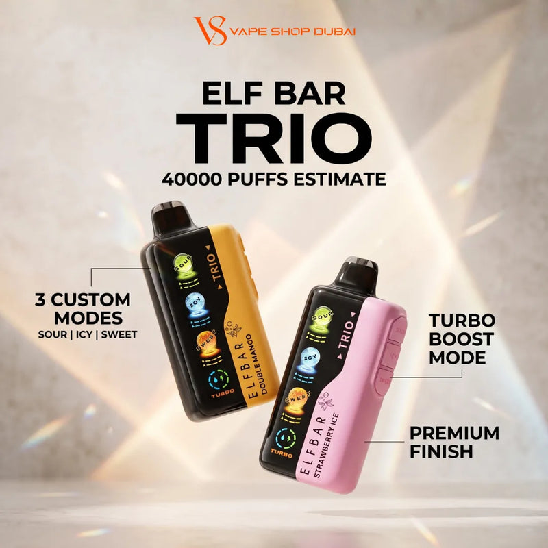 Promotional graphic for the VS Vape Shop Dubai Elf Bar Trio disposable vape. Two vapes are shown floating: one black with a yellow side panel and one pink side panel, both labeled 'ELF BAR TRIO'.