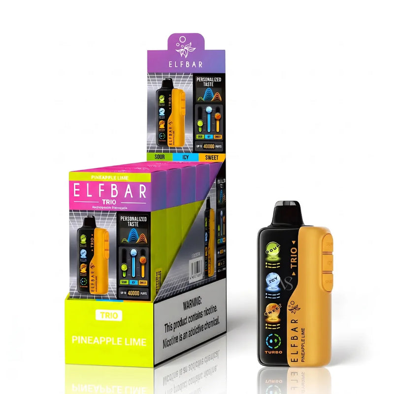 ELFBAR Trio disposable vape device shown next to its retail display box in Pineapple Lime flavor. The device is yellow and black with colorful flavor graphics, and the box features purple, pink, and lime green packaging.