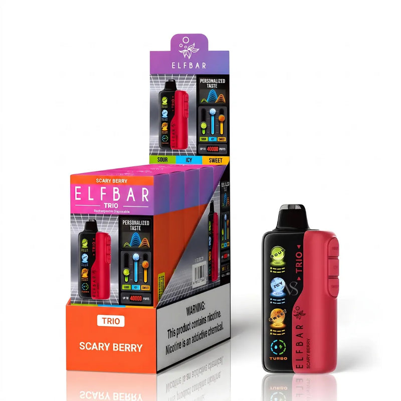 A retail display box and a single disposable vape device from ELFBAR Trio in Scary Berry flavor, shown on a clean white background with a reflection.