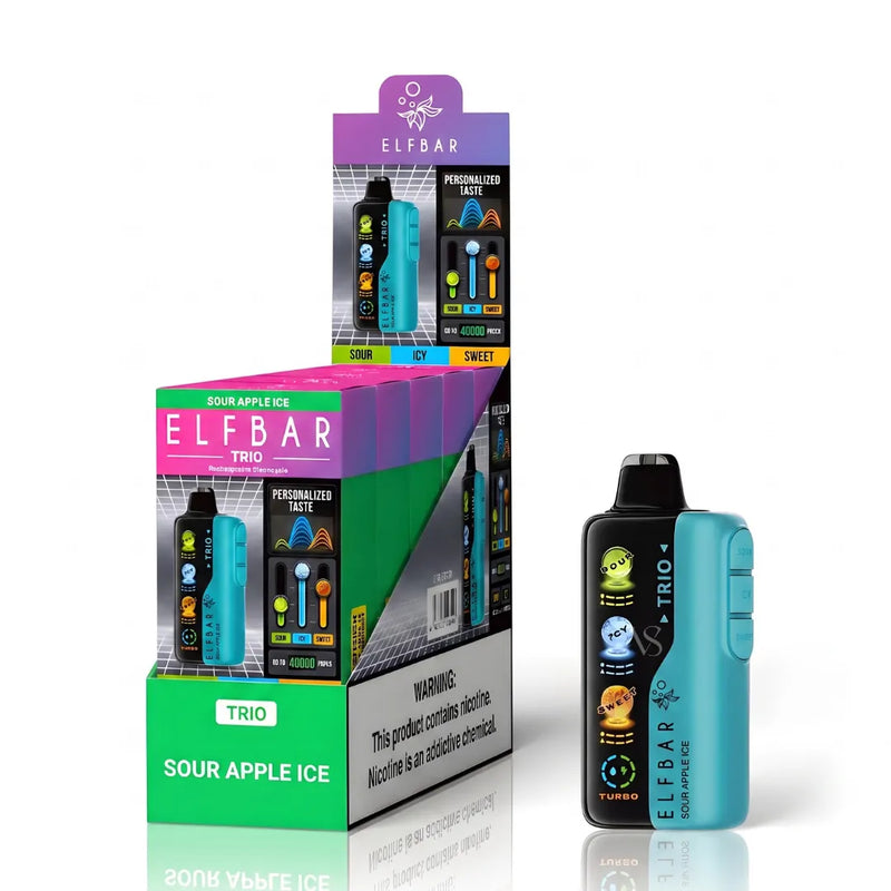 A turquoise and black ELFBAR disposable vape device stands next to its retail packaging box, which is labeled 'SOUR APPLE ICE' and 'TRIO'. The packaging features a vibrant gradient of purple, pink, and green, with product illustrations and flavor indicators.