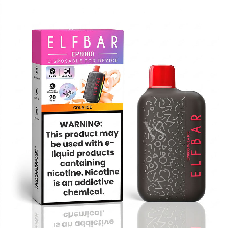 ELFBAR EP8000 disposable pod device shown next to its retail packaging box. The device is dark gray with white geometric patterns and a bright red mouthpiece.