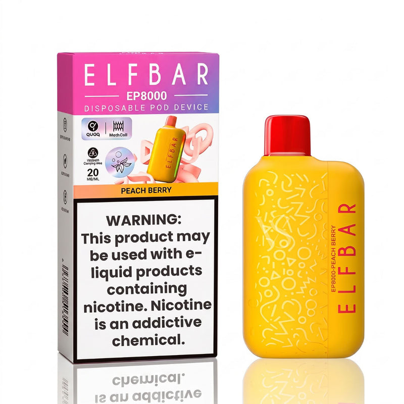 ELFBAR EP8000 disposable pod device in Peach Berry flavor, shown next to its retail packaging box on a clean white background with a subtle reflection.