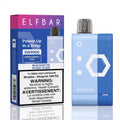 ELFBAR EW9000 disposable pod vape pen in Blue Razz Ice flavor, shown next to its retail packaging box on a white background with a reflection.