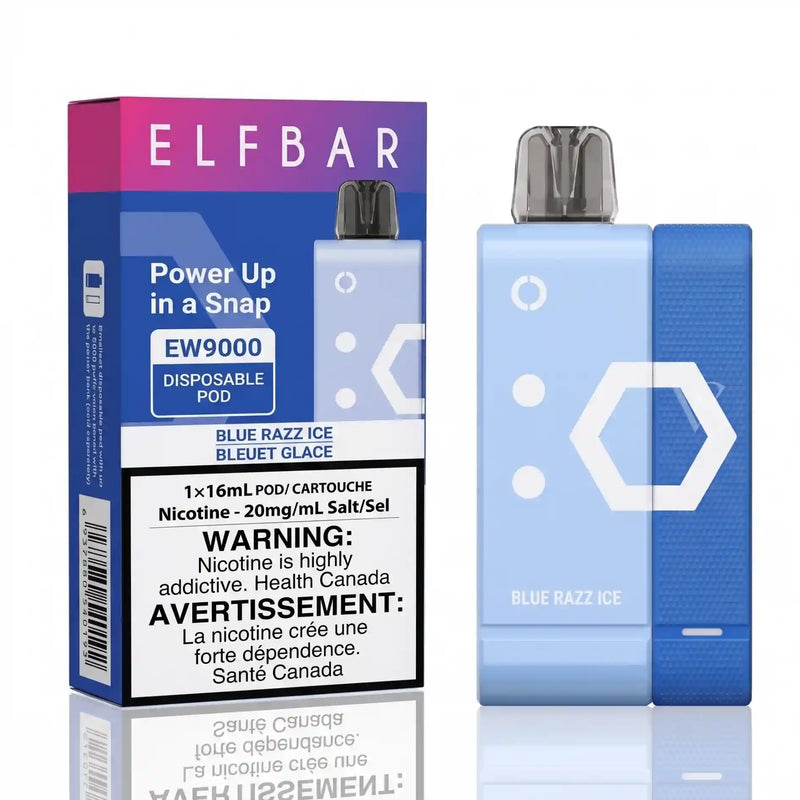ELFBAR EW9000 disposable pod vape pen in Blue Razz Ice flavor, shown next to its retail packaging box on a white background with a reflection.