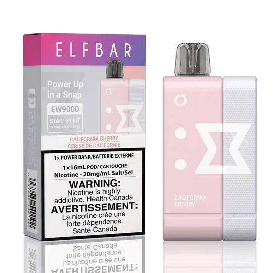 ELFBAR Power Up in a Snap EW9000 Starter Kit in California Cherry flavor, showing the retail packaging box and the pink disposable vape device with its white textured side.