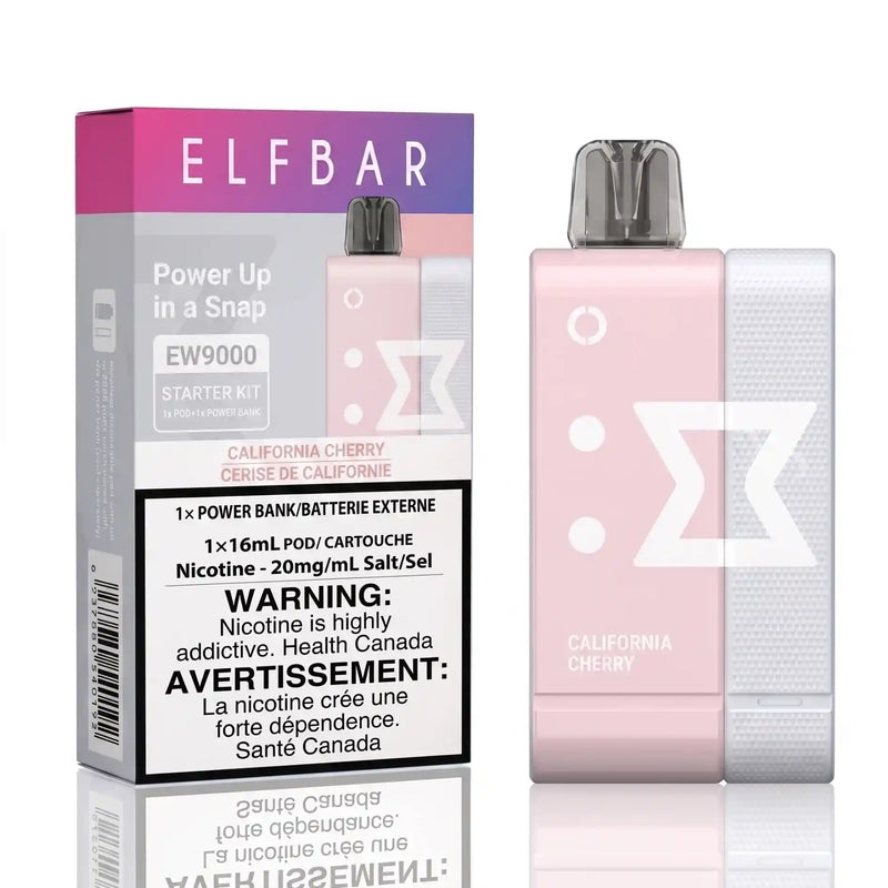 ELFBAR Power Up in a Snap EW9000 Starter Kit in California Cherry flavor, showing the retail packaging box and the pink disposable vape device with its white textured side.