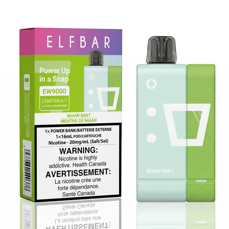 ELFBAR Power Up in a Snap EW9000 Starter Kit in Miami Mint flavor, showing the retail box and the disposable vape device. The box features a pink-to-purple gradient top, lime green lower section, and a prominent Health Canada warning label.