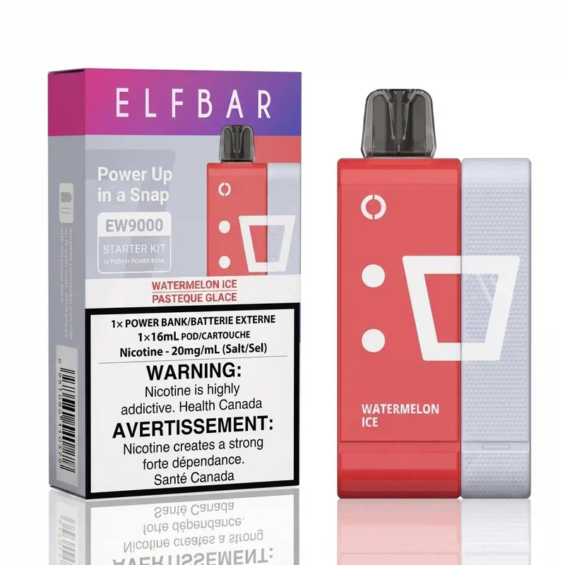 ELFBAR Power Up in a Snap EW9000 Starter Kit Watermelon Ice disposable vape device next to its retail packaging box on a white background.