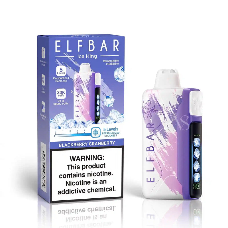 ELFBAR Ice King disposable vape device and its retail packaging box, both in Blackberry Cranberry flavor. The device features a white body with purple and pink brushstroke graphics, a purple side panel with a digital screen, and a clear mouthpiece.