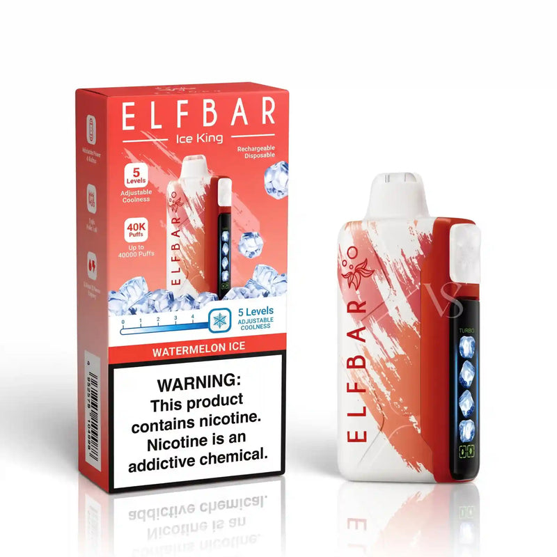 ELFBAR Ice King disposable vape device and its retail packaging box, featuring a watermelon ice flavor. The device has a white and red brush-stroke design with a black digital display showing ice cubes, and the box is red and white with a prominent nicotine warning label.