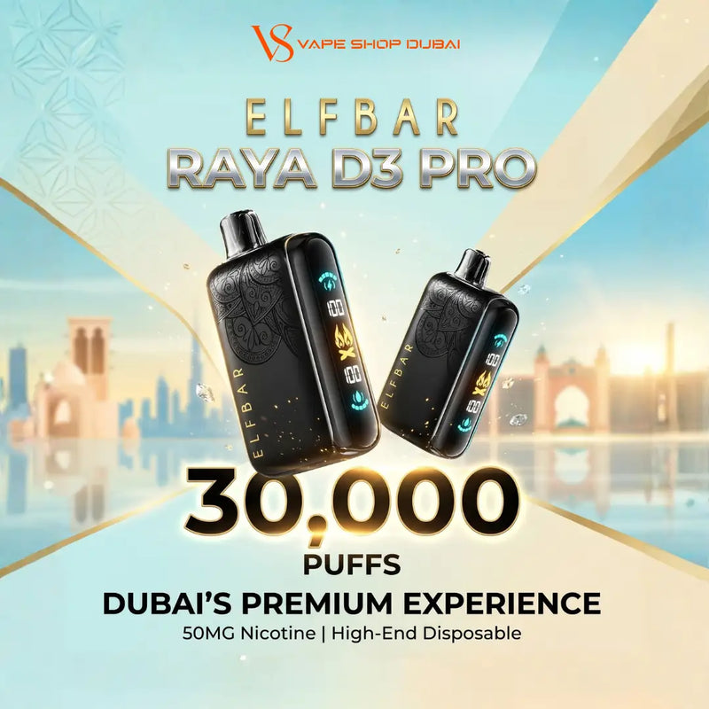 Promotional graphic for the ELFBAR RAYA D3 PRO disposable vape, showing two black vape devices with gold and blue LED accents against a stylized Dubai skyline background. The text highlights 30,000 puffs and 50MG Nicotine.