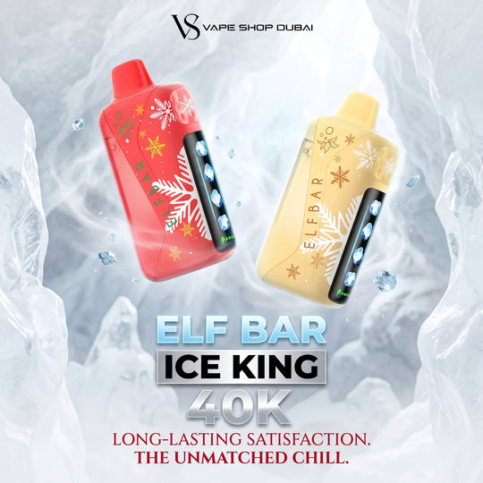 Two decorative vape devices floating in an icy graphic background, one red and one pale yellow, both printed with snowflake and star motifs. Large text reads 'ELF BAR ICE KING 40K' with the brand 'VS VAPE SHOP DUBAI' at the top.