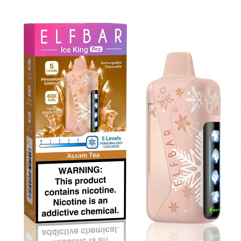 ELFBAR Ice King Pro disposable vape device in a pale pink color with white snowflake designs, shown next to its retail packaging box on a white background.