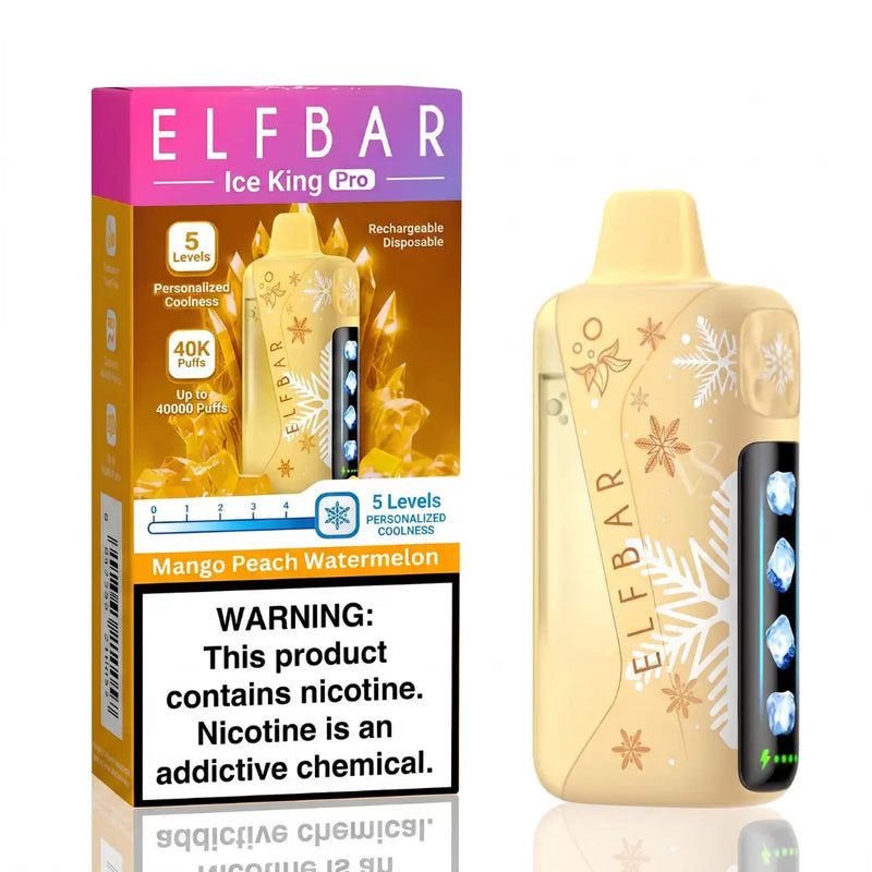 ELFBAR Ice King Pro disposable vape device in Mango Peach Watermelon flavor, shown next to its retail packaging box on a white background.