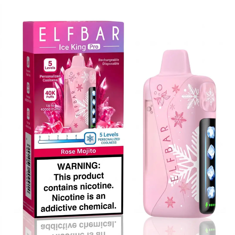 Pink ELFBAR Ice King Pro disposable vape device and its retail packaging box, featuring a rose mojito flavor with pink snowflake graphics.