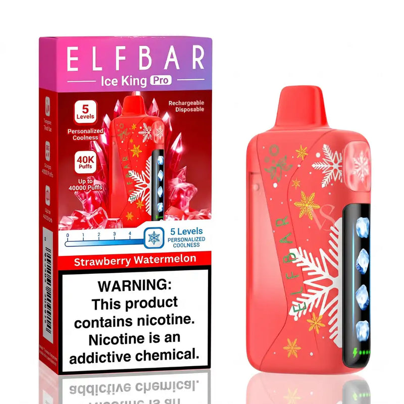 ELFBAR Ice King Pro disposable vape device in Strawberry Watermelon flavor, shown next to its retail packaging box. The device is coral red with white snowflakes, gold/yellow star patterns, and a black screen panel on the side.