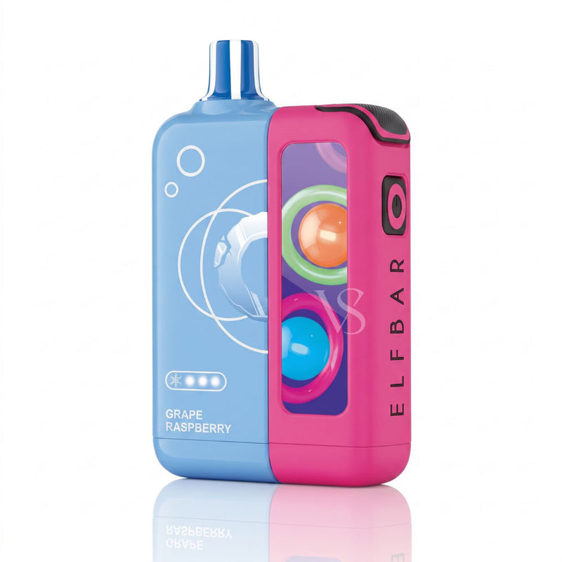 A pink and light blue ELFBAR disposable vape device with a transparent window showing colorful internal coils, labeled 'GRAPE RASPBERRY' on a clean white background.