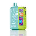A compact rectangular vape device shown on a clean white background with a reflection below. The device has a split design: one half is light aqua/turquoise with white line art and the text 'KIWI PASSION FRUIT GUAVA,' and the other half is bright lime green with a vertical 'ELFBAR' logo and a colorful circular window showing orange, pink, and blue tones.