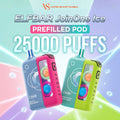 Promotional graphic for ELFBAR JoinOne Ice prefilled pods, showing two vape pods side by side on a colorful pastel background with text reading 'ELFBAR JoinOne Ice', 'PREFILLED POD', and '25000 PUFFS'.