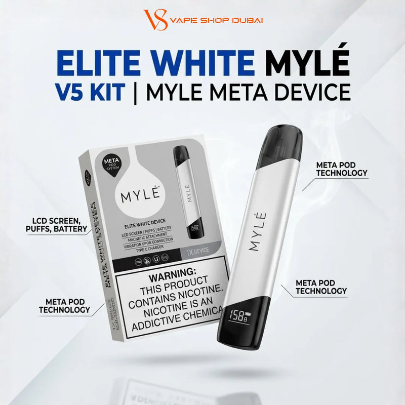 V5 Kit Elite White Mylé V5 Kit | Myle Meta Device by V5 Vape Shop Qubai. The image shows a white and black disposable vape device alongside its retail packaging box, with text callouts highlighting 'LCD SCREEN, PUFFS, BATTERY' and 'META POD TECHNOLOGY'.