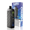 A FUMO Blueberry Ice disposable vape device in black with a green and blue digital display, shown next to its blue and white retail packaging box on a white background.