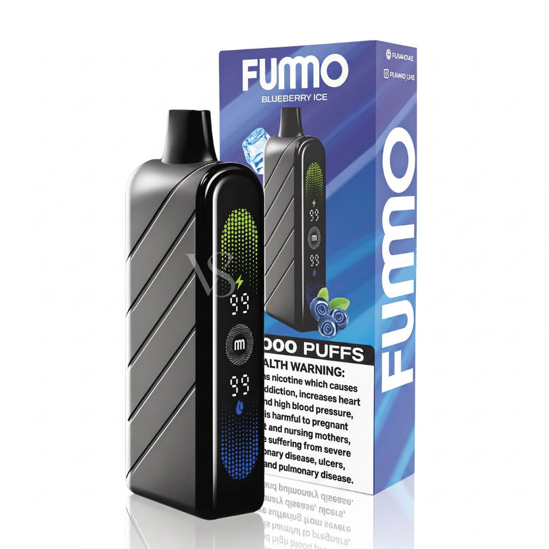 A FUMO Blueberry Ice disposable vape device in black with a green and blue digital display, shown next to its blue and white retail packaging box on a white background.