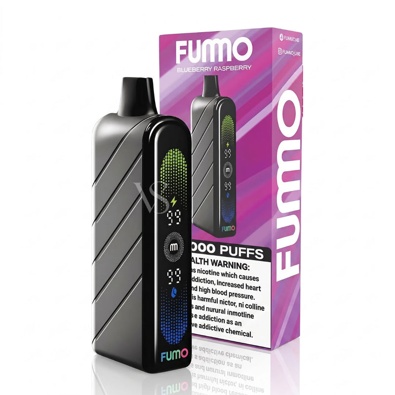 A FUMO disposable vape device in black with a green and blue LED display, standing next to its purple and white retail packaging box on a white reflective surface.