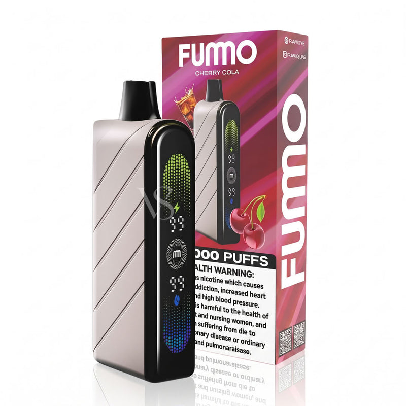 FUMO Cherry Cola disposable vape device next to its retail packaging box, displayed on a clean white background with a subtle reflection.