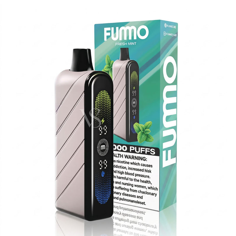 A FUMO Fresh-Mint disposable vape device in a metallic silver and black finish stands next to its teal and green packaging box on a white background.