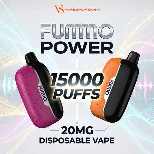 Promotional graphic for the Fummo Power disposable vape by VS Vape Shop Dubai. Two vape devices are shown side-by-side, one in magenta with black speckles and the other in orange with black speckles, both with black mouthpieces.