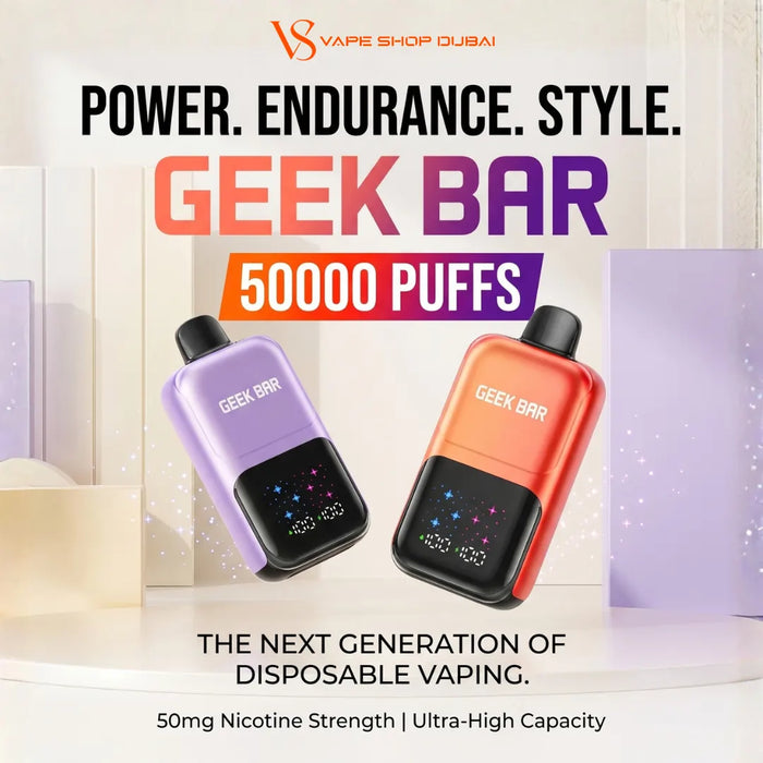 Promotional graphic for Geek Bar disposable vaping devices, showing two devices side by side in lavender purple and orange-red, with text reading 'POWER. ENDURANCE.