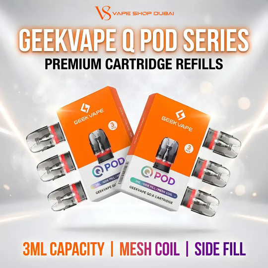 Geekvape Q Pod Series premium cartridge refills by Vape Shop Dubai, showing two orange and white boxes of 3ml golf cartridge coils with several coils displayed beside them on a bright white background with light effects.