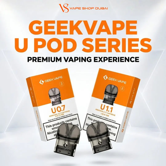Two Geekvape U Pod Series disposable vape devices with their retail boxes displayed on a white and light gray background. The image features the text 'GEEKVAPE U POD SERIES' and 'PREMIUM VAPING EXPERIENCE' with the Geekvape logo at the top.