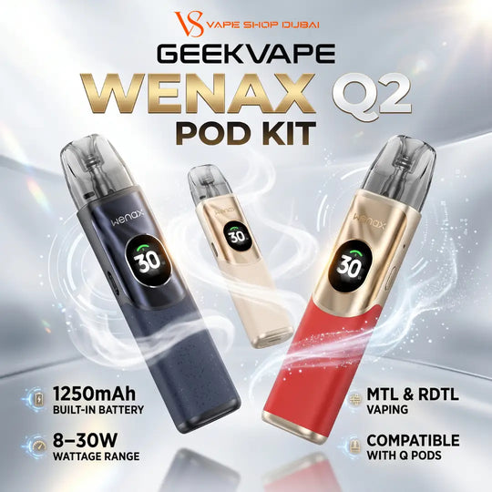 Geekvape Wenax Q2 Pod Kit vape devices in three color options: dark blue, beige, and red with gold accents, displayed on a light gray background with promotional text.