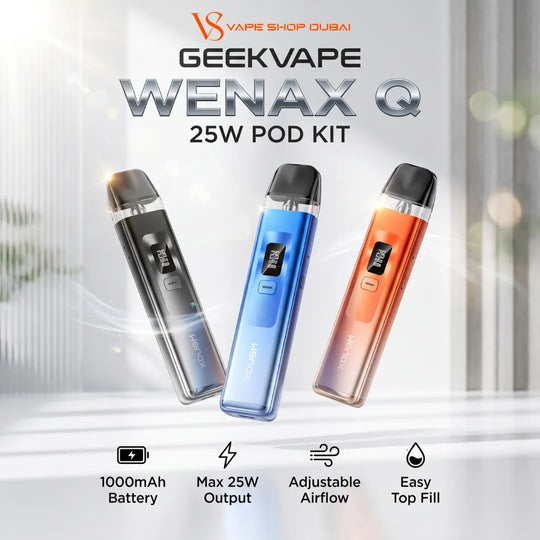 Three Geekvape Wenax Q 25W pod kits in black, blue, and orange are displayed against a bright, modern background with promotional text and feature icons at the bottom.