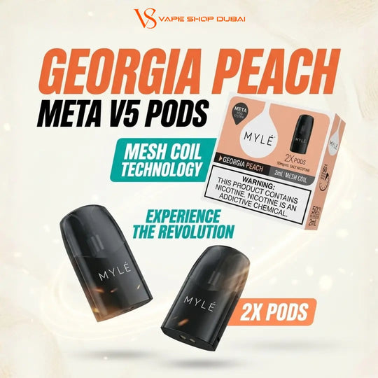 Promotional graphic for MYLE Meta V5 Pods in Georgia Peach flavor, showing two black vape pods, a product box, and marketing text including 'GEORGIA PEACH', 'MESH COIL TECHNOLOGY', and 'EXPERIENCE THE REVOLUTION'.