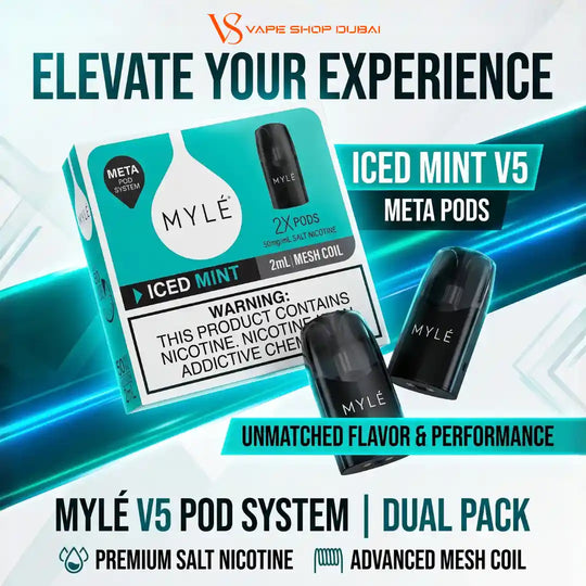 Promotional graphic for a MYLÉ V5 Pod System Dual Pack in Iced Mint flavor, showing the retail box and two black pod devices on a bright teal and white background with marketing text.