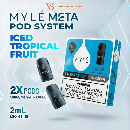 Mylé Meta Pod System Iced Tropical Fruit flavor, featuring three black pods and their blue-and-white retail box on a light blue graphic background. Text highlights 2x pods, 50mg/mL salt nicotine, and 2mL mesh coil.