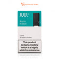 A JUUL 2 Arctic Breeze 2-pack disposable vape box on a white background with a reflection. The packaging features a teal top section with white text and a black vape device graphic, and a white lower section with a black warning label.