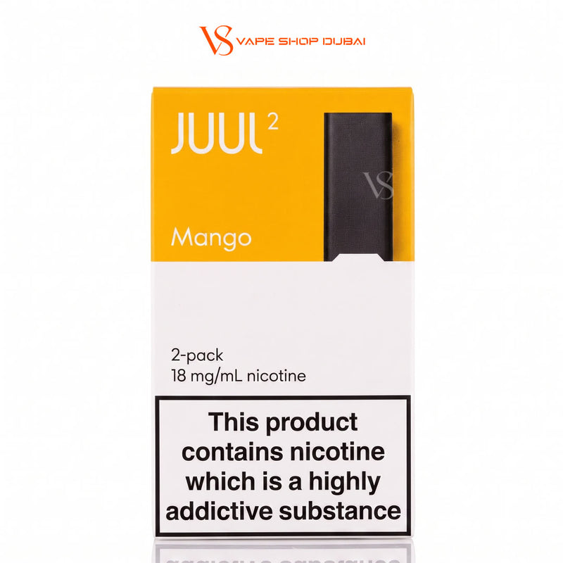 Juul 2 Mango 2-pack disposable vape packaging, featuring a yellow and white box with a black vape device illustration and a prominent nicotine warning label.