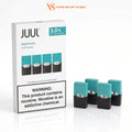 A box of JUUL Menthol 4 JUUL pods alongside four individual pods showing their teal and black color scheme, on a clean white background with a reflection.
