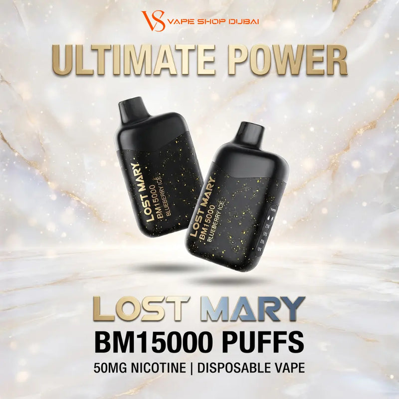 Two black Lost Mary BM15000 disposable vape devices with gold glitter accents, floating against a white marble background with gold and black promotional text.