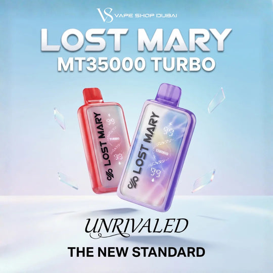 Two Lost Mary MT35000 Turbo disposable vape devices floating in the center of a light blue promotional graphic. One vape is red with a translucent red mouthpiece, and the other is purple with a translucent purple mouthpiece.