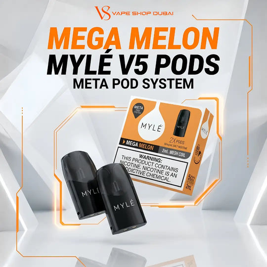 Promotional graphic for MYLÉ V5 PODS Meta Pod System Melon flavor pods by V8 Vape Shop Dubai. The image shows two black MYLÉ pod devices and their orange and black retail box against a stylized white and gray geometric background with orange graphic lines.