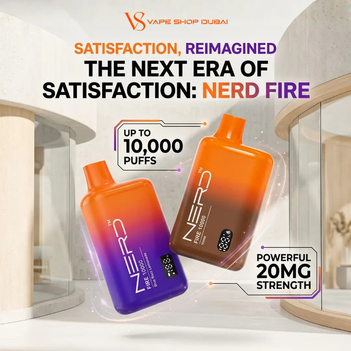 Two NERD FIRE disposable vape devices by Vape Shop Dubai are shown in a clean, modern interior setting. One vape is purple-to-orange gradient, and the other is orange-to-brown gradient.