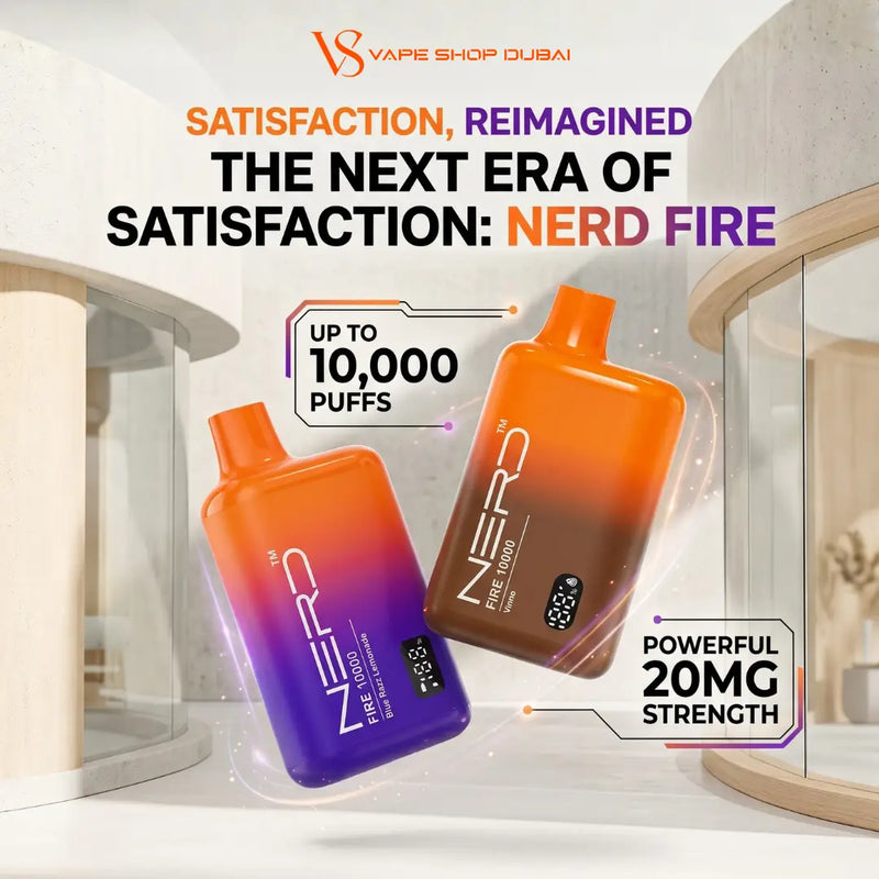 Two NERD FIRE disposable vape devices by Vape Shop Dubai are shown in a clean, modern interior setting. One vape is purple-to-orange gradient, and the other is orange-to-brown gradient.