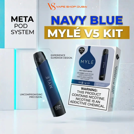 Navy blue Mylé V5 disposable vape device shown next to its retail packaging box, with promotional text overlays for the 'Meta Pod System' and 'Navy Blue Mylé V5 Kit'.