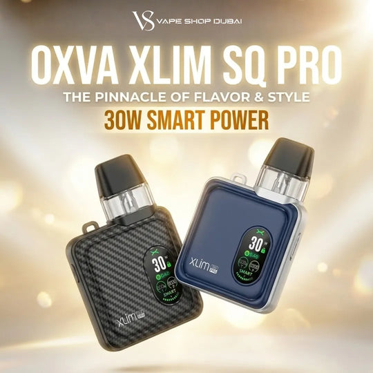 Two XOVA Xlim Sq Pro vape devices shown against a warm glowing background with promotional text. One device has a black carbon fiber pattern, and the other is dark blue with a silver side frame.